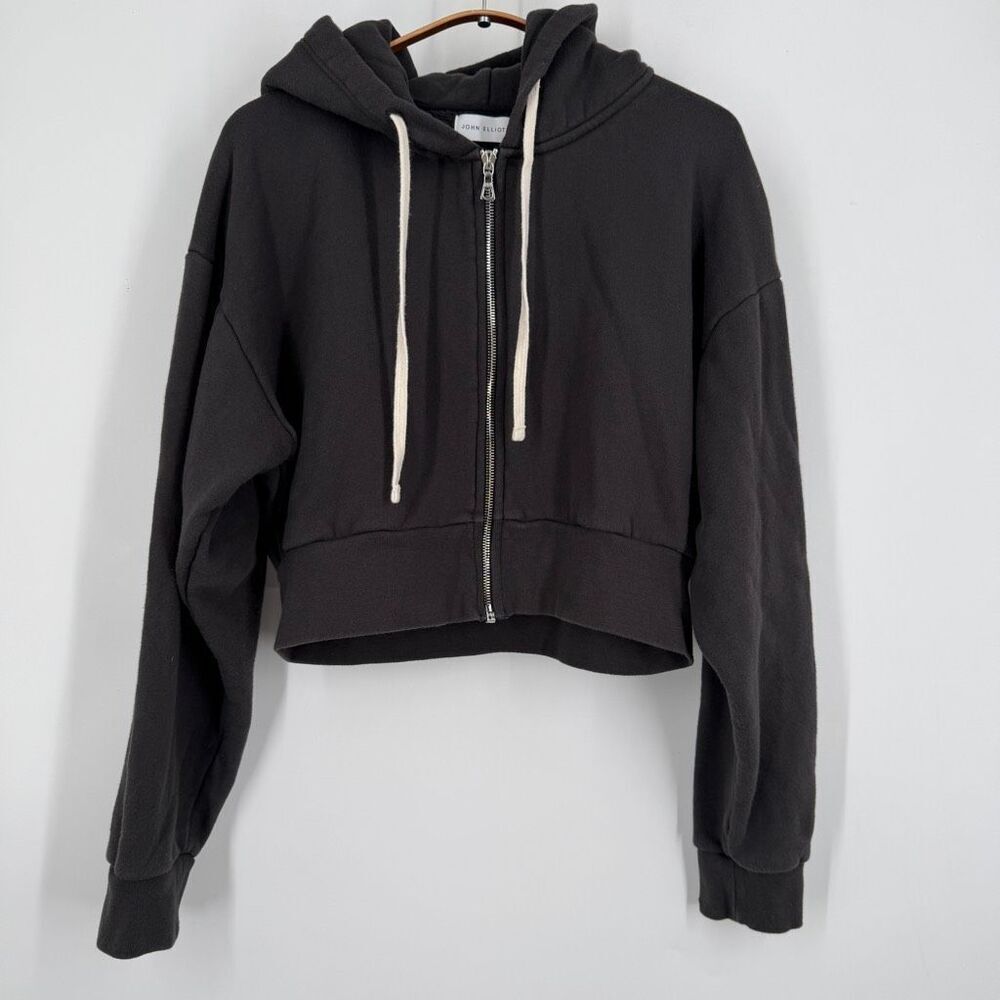 John Elliott Black Full Zip Fleece Cotton Cropped Drawstring Hoodie Size 1/Small